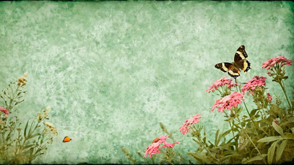 Vintage background with flowers and butterfly. Place for your text.
