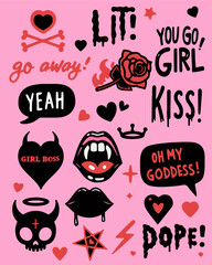 Trendy girlish gothic stickers with lips, hearts, skull and handwritten short phrases. Set of vector simple illustrations in cartoon style of 80s - 90s on pink background.