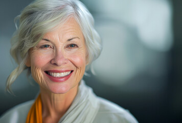 Fototapeta na wymiar Older woman with white hair and a beautiful smile