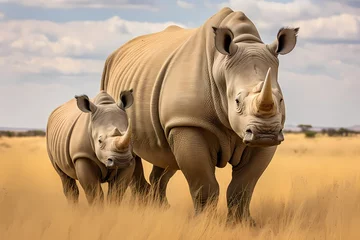 Poster A pair of white rhinos grazing peacefully on the grasslands, their massive horns a testament to their strength and resilience. © Animals