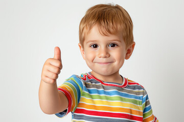 Happy little cute boy giving thumbs up on white background