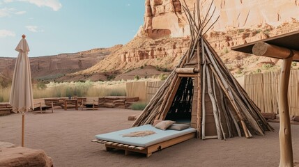 Luxury outdoor lounge in a desert setting. Concept of exotic vacations and glamorous camping (glamping).