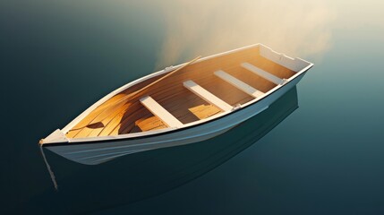 Solitary wooden boat on calm waters with misty background. Concept of tranquility and simplicity in nature.