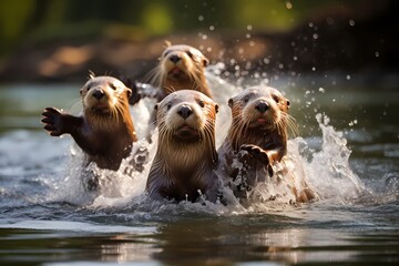 A playful family of otters sliding down a riverbank, their sleek bodies gliding effortlessly...