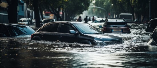 A car is stuck in the flood