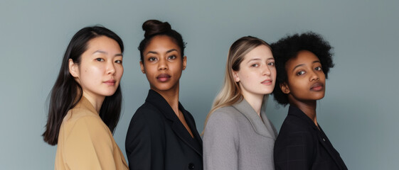 Four diverse women stand side by side, exuding confidence and unity against a serene blue background.