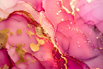 pink, red and golden abstract background in alcohol ink technique, close-up 