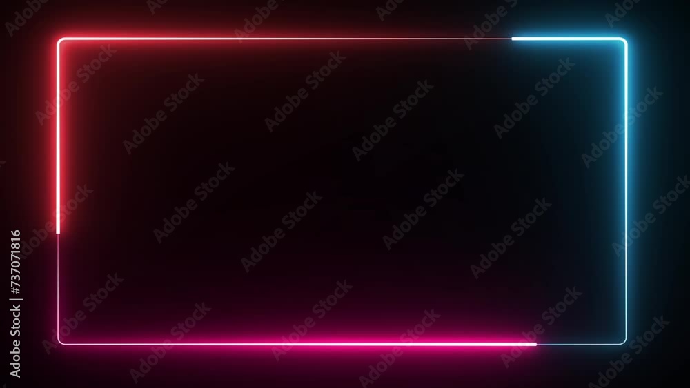 Poster multicolor neon effect rectangle frame line seamless looping video. square flowing multicolor neon l