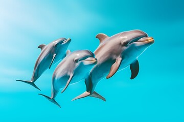 A playful group of dolphins, captured mid-air in a synchronized jump, against a vibrant turquoise background.