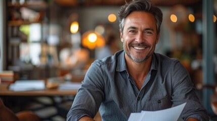 businessman taking a paper, smiling to the camera