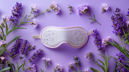 White sleeping mask with lavender flowers on purple background. Top view.