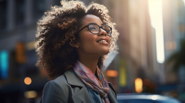 Successful Black Businesswoman Contemplating Future Amidst Vibrant Cityscape At Sunset