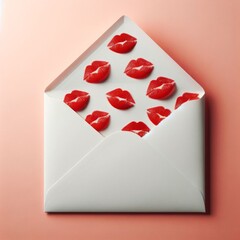 Red  ckisses coming-out of paper white envelope, pastel colors, love concept.