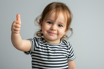 Happy little cute girl giving thumbs up on white background