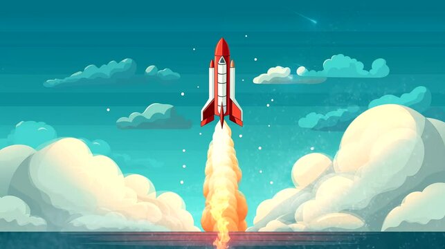 Illustration of rocket launch. Seamless looping time-lapse 4k video animation background