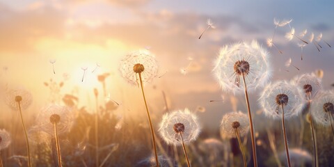 various dandelion blow with the sun above it, in the style of dreamy realism, whimsical details, high quality photo, delicate fantasy worlds, whimsical skyline, contest winner, light white and bronze 