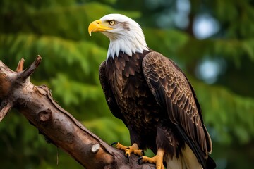 A regal bald eagle perched atop a tall tree, its sharp gaze scanning the surroundings for its next prey.