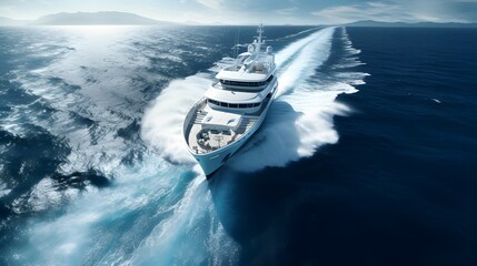 A luxury yacht cuts through the deep blue sea, leaving a frothy white wake behind, in an aerial view over the ocean.
