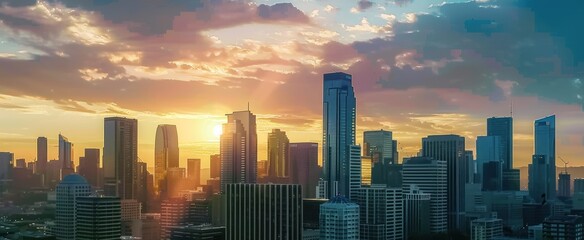 Stunning cityscape unfolds under hues of setting sun towering skyscrapers and modern buildings...