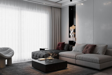 3d rendering luxury and modern living room with good design modular sofa