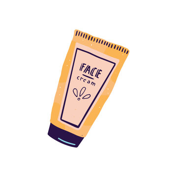 Organic face cream tube. Moisturizing product for facial massaging. Professional skin care daily routine. Sunscreen, skincare cosmetics with SPF. Flat isolated vector illustration on white background