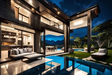 Luxury Interior and Exterior Design of Pool Villa with Living Room, Embracing the Starlit Sky, Home, House, and Luxurious Sofas