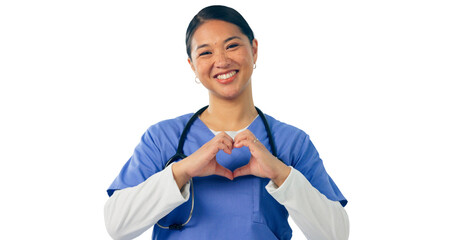 Woman, portrait and nurse with heart hands for love in healthcare, isolated and transparent png...