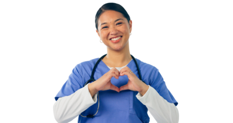 Woman, portrait and nurse with heart hands for love in healthcare, isolated and transparent png background. Asian female person, kindness and cardiologist with empathy emoji, support and peace