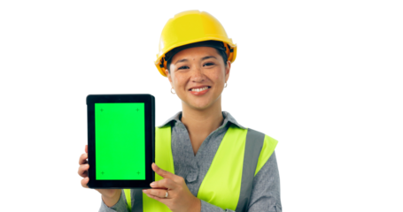 Portrait, woman and construction with green screen on tablet with smile and marketing on isolated, transparent png background. Mockup space, information, ideas and building for architecture plan