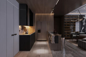 Modern kitchen features, artificial light, wooden floors for luxury apartment