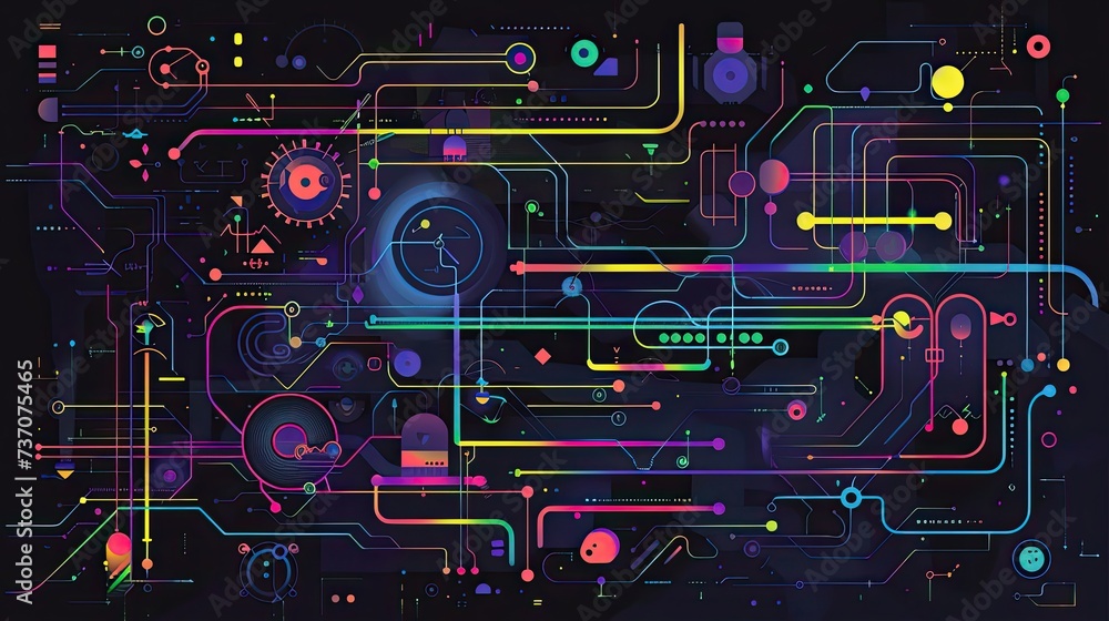 Aufkleber a dark illustration of a technical system with colorful lines connecting different flow states