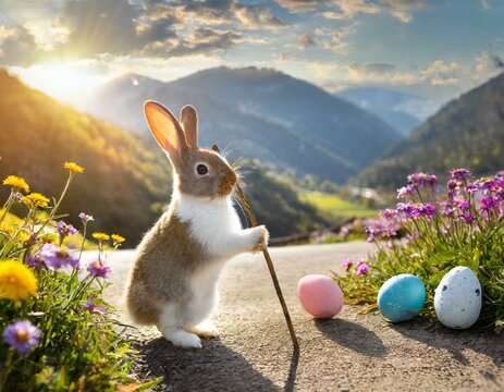 Osterhase beim Wandern in den Bergen