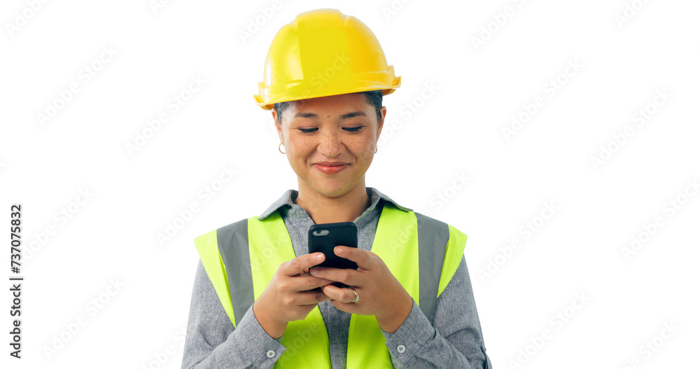 Poster Woman, construction and smile on smartphone for mobile app for break and browse internet on isolated, transparent png background. Social media, profile and comment with network for architecture post