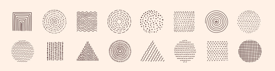 Abstract Graphic Elements set in Minimal Trendy Style. Hand drawn doodle spots, drops, curves, lines for creating patterns, Invitations, posters, cards, social media posts - obrazy, fototapety, plakaty