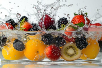 Water splash from various fruits on white background