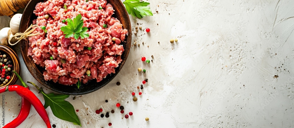Poster minced meat on a light surface with spices, from above with space for text.