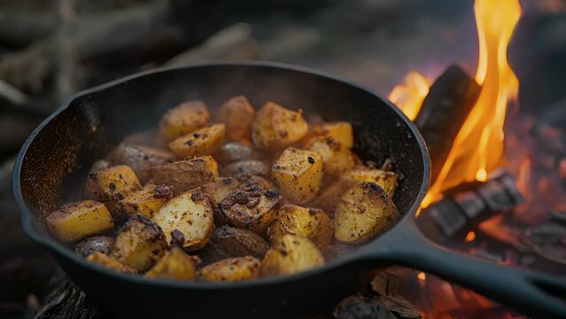 Roasted potatoes seasoned with a fiery blend of chili powder cumin and garlic are served in a cast iron pan straight from the hot coals of a campfire. The scorching heat of