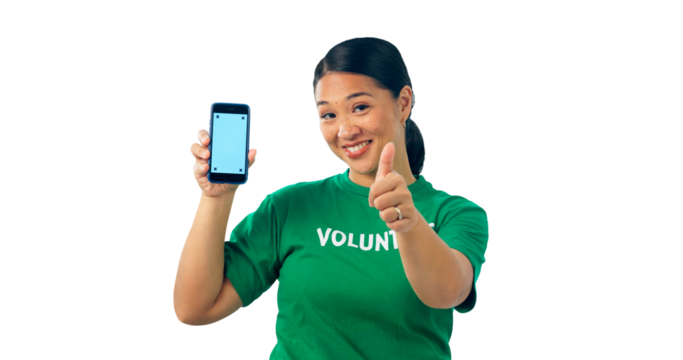 Woman, thumbs up and phone screen mockup with volunteer in portrait isolated on png transparent background. Advertising charity, environment and NGO sign up or subscription, ads and tracking markers - Powered by Adobe