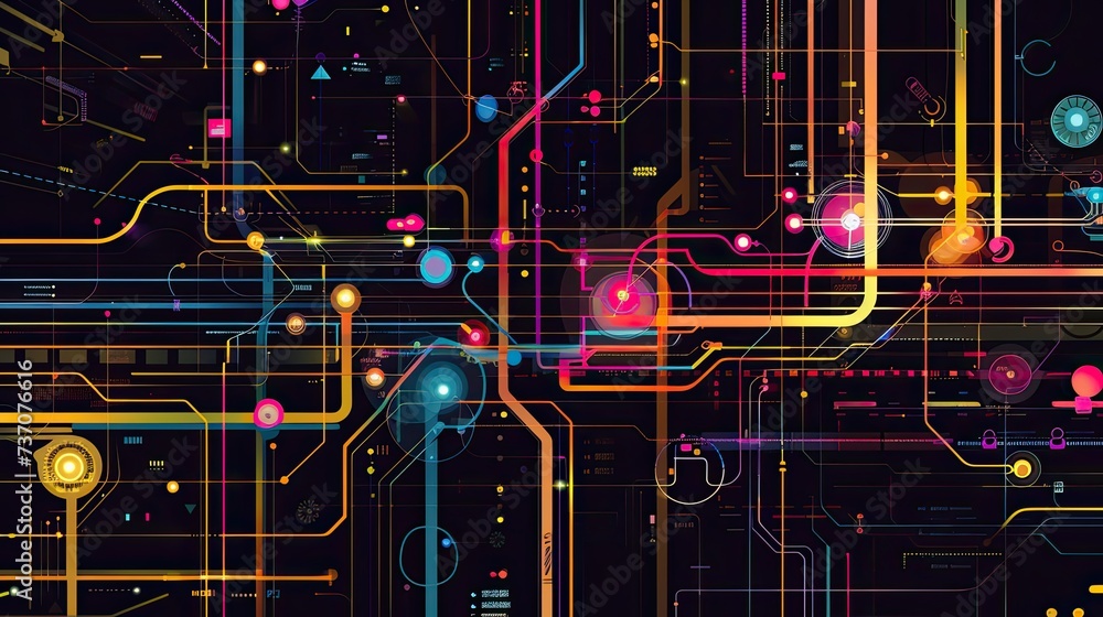 Poster a dark illustration of a technical system with colorful lines connecting different flow states