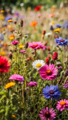 Colorful wildflowers in springtime in the meadow. Generative AI