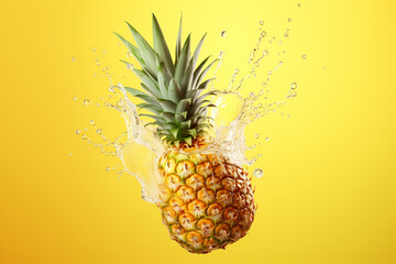 Pineapple in water splashes isolated on yellow background. Summer juicy fruit concept