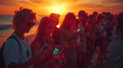 Teenagers with phones. importance of mental health and well-being among Gen Z, as they seek balance and moderation in their digital consumption habits to prioritize self-care and emotional resilience - obrazy, fototapety, plakaty