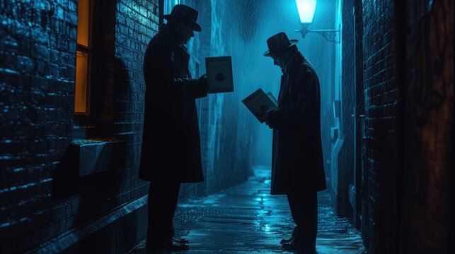 Explore the theme of tax evasion and fraud with an image of shadowy figures exchanging envelopes of cash in a dimly lit alleyway, symbolizing illicit attempts to avoid paying taxes