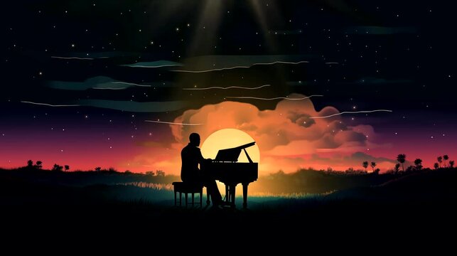 Silhouette of pianist on sunset background. Seamless looping time-lapse 4k video animation background