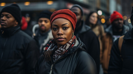 Fototapeta na wymiar black lives Matter, close up, portrait , blur black people in the street on background , hyperrealistic , shot with Sony A9 II, 50 mm