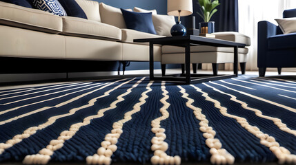 Modern Contrast: Navy Blue Carpet Sets Stage for Beige Couch