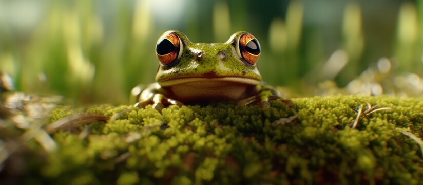 green frog on a log blur nature background