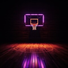Fototapeta na wymiar Illuminated Basketball Hoop in the Dark