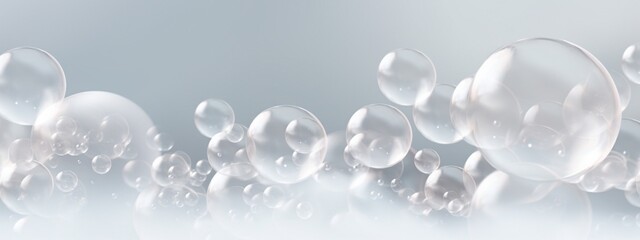 To be used as a banner showing soap bubbles landing on a gray background. - obrazy, fototapety, plakaty