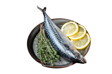 Uncooked mackerel fish, raw scomber with herbs.  Isolated, Transparent background.